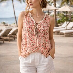 Tommy Bahama Silk Top Women Medium Sheer Floral Lace Up Resort Sleeveless Blouse